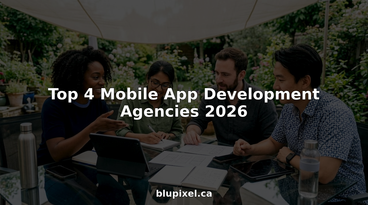 Mobile app development team collaborating at table