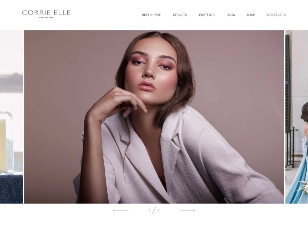 Corrie Elle Artistry website homepage — full-bleed portfolio carousel