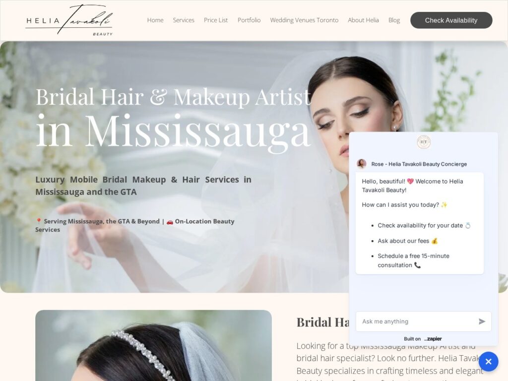 Helia Tavakoli Beauty website homepage — luxury bridal hair and makeup with AI chat concierge