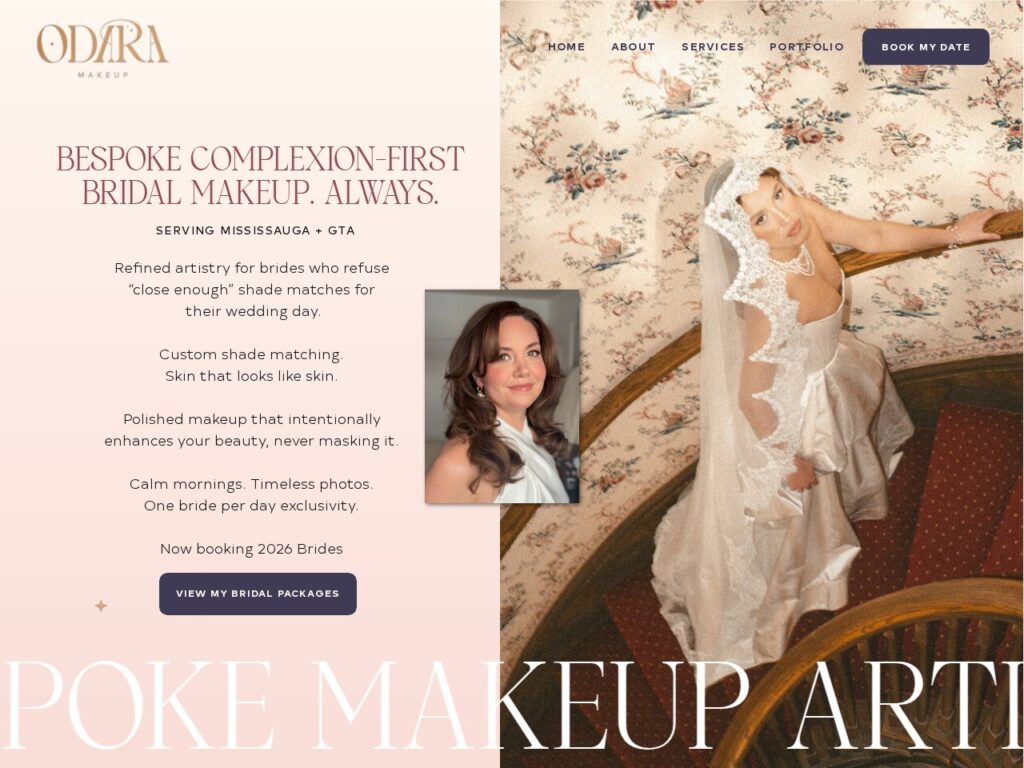 ODARA Makeup website homepage — split-screen hero with complexion-first bridal positioning