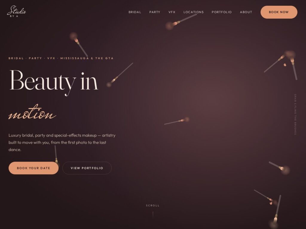 Studio By A website homepage — dark cinematic hero with interactive makeup brushes