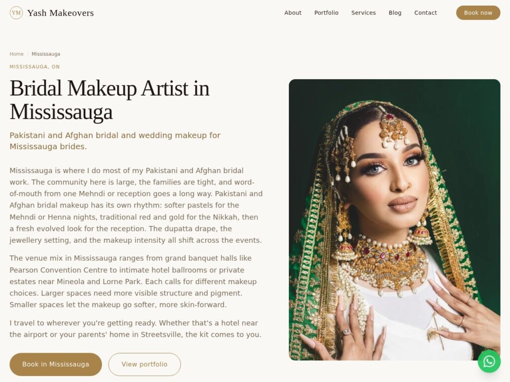 Yash Makeovers Mississauga landing page — bridal makeup artist with local venue details